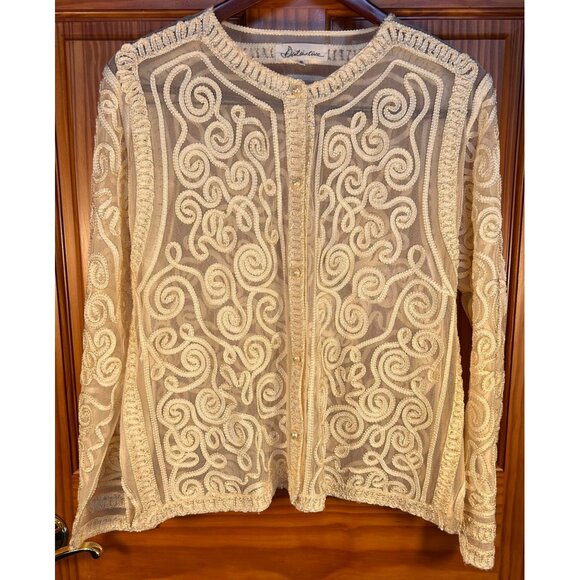 Distinctive Jackets & Blazers - Vintage Womens XL Cardigan Ivory Embroidered Ornate Detailing Button-up Sheer